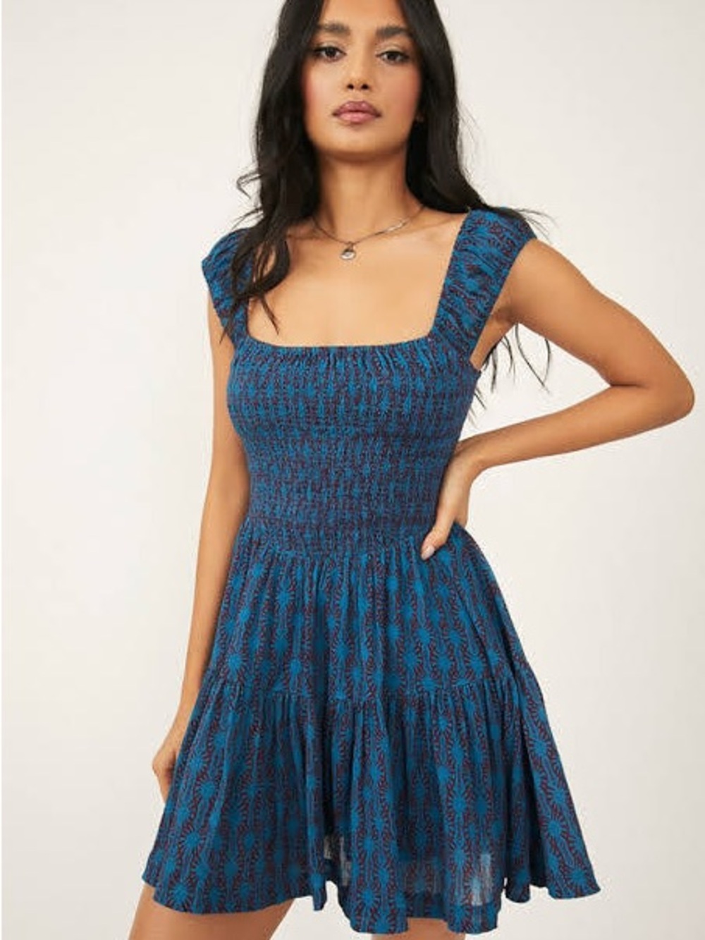 Free People Teal and Navy Smocked Tiered Mini Dress size medium